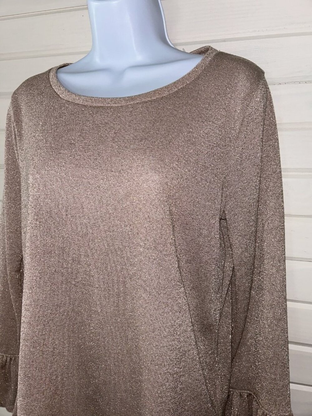 NWT J. Crew Sz MEDIUM Sparkle Bell Sleeve Knit Top Shirt Metallic Champagne